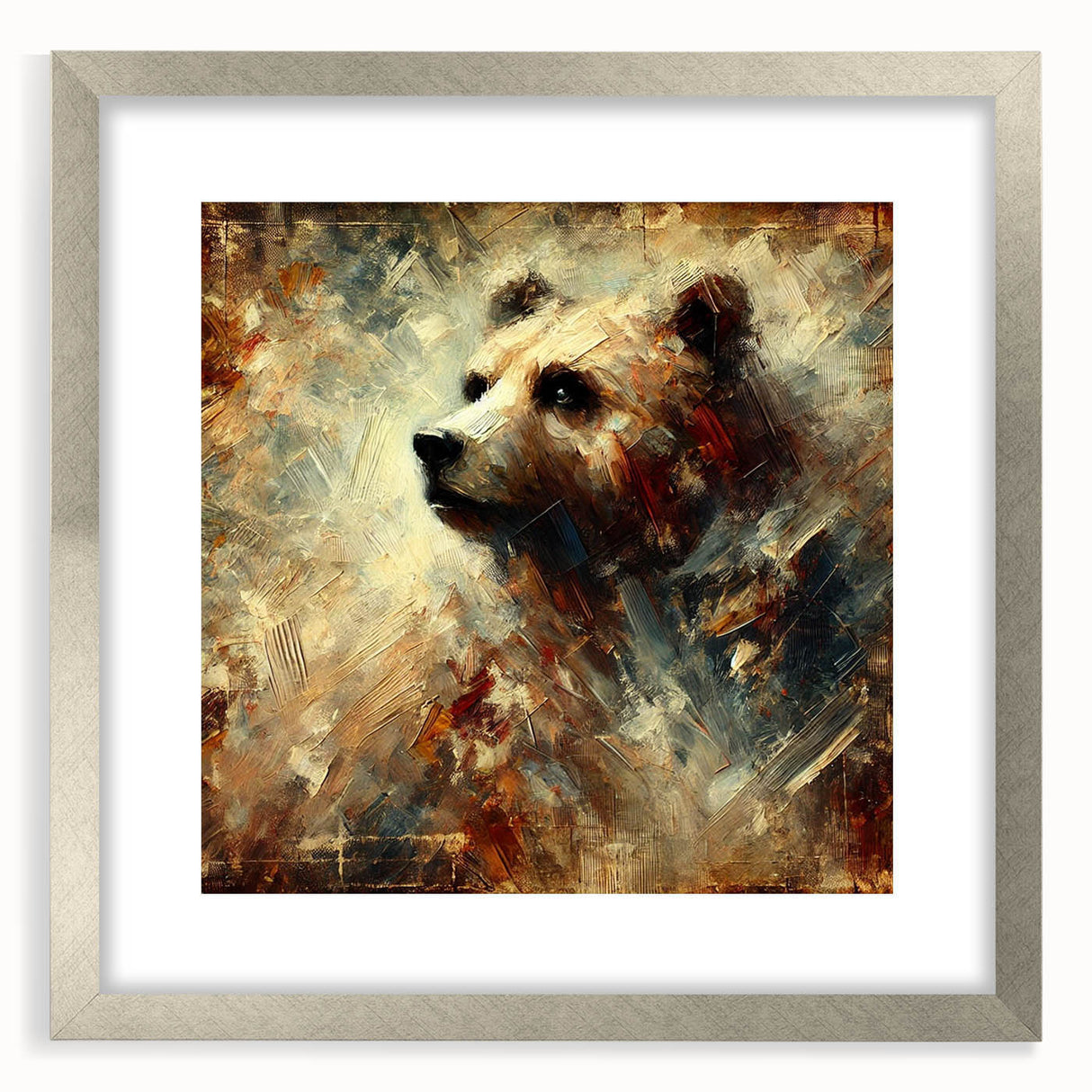 Abstract oil painting of a bear, framed in an expressive silver mat, showcasing vibrant colors and dynamic brushstrokes, ideal for modern art lovers.