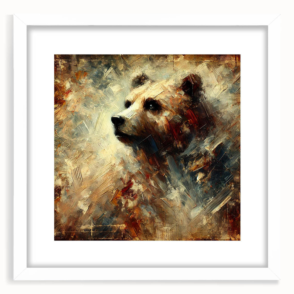 Abstract oil painting of a bear, showcasing vibrant colors and expressive brush strokes, framed with a white mat, ideal for modern art decor.