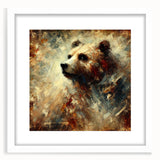 Abstract oil painting of a bear, showcasing vibrant colors and expressive brush strokes, framed with a white mat, ideal for modern art decor.