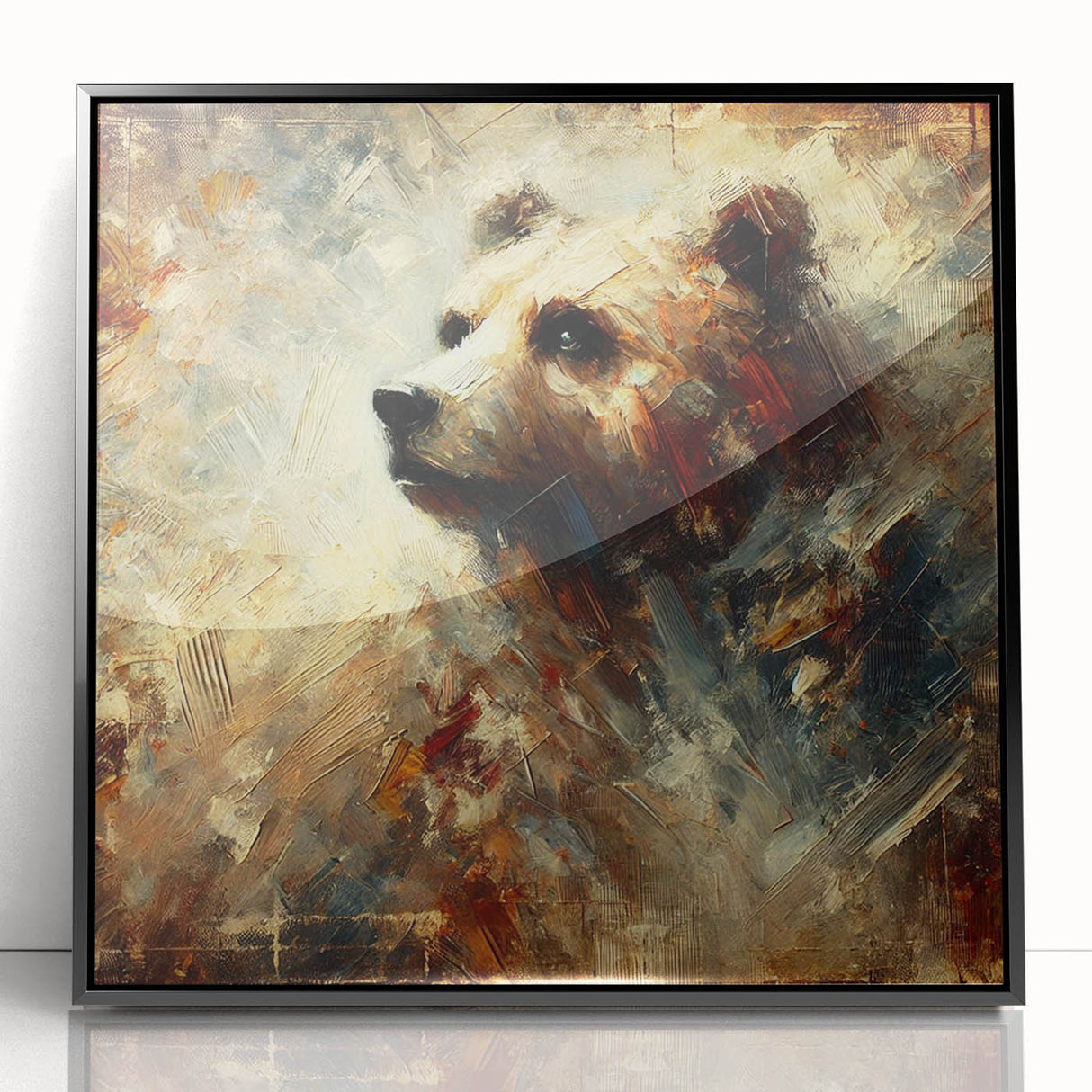 Abstract oil painting of a bear in a striking black frame, showcasing vibrant colors and expressive brushstrokes, perfect for enhancing modern decor.