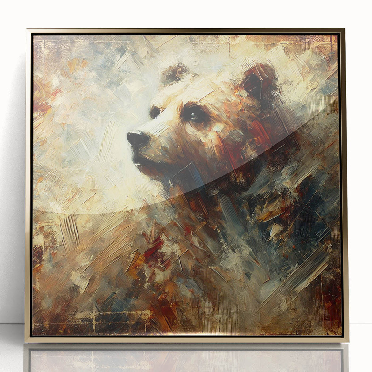 Abstract oil painting of an expressive bear in shades of gold and brown, framed in acrylic, showcasing vibrant brushstrokes and dynamic textures. Perfect for modern art enthusiasts.