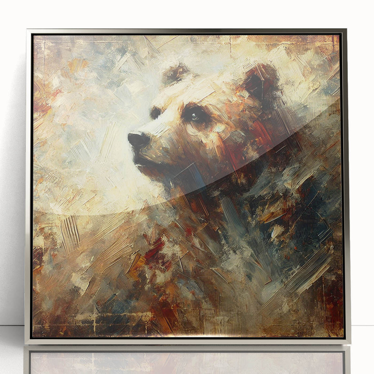 Abstract oil painting depicting a bear with vivid colors and expressive details, framed in sleek silver acrylic, showcasing a captivating front view.