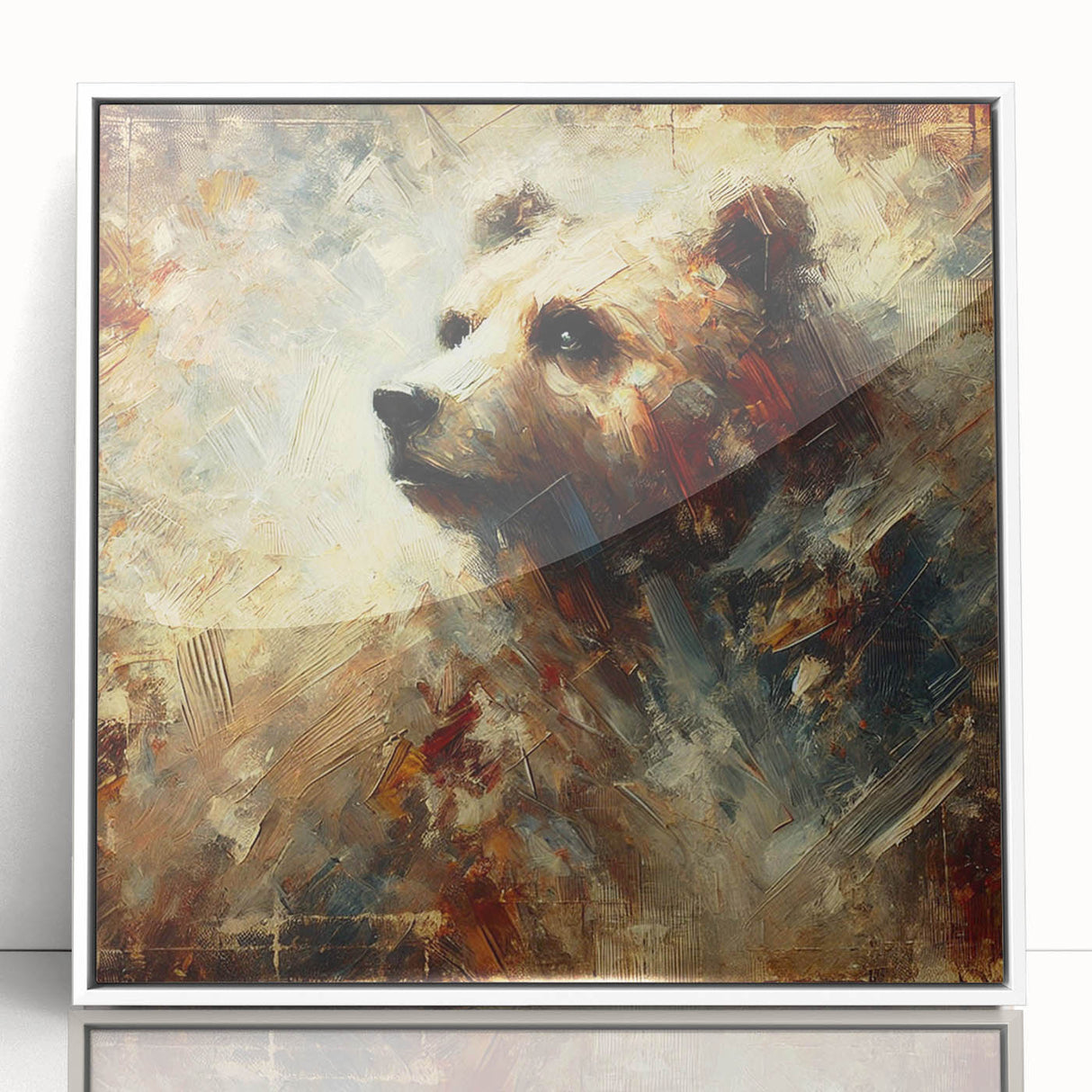 Abstract oil painting of a bear, showcasing vibrant colors and expressive brushwork, framed in white acrylic, perfect for modern art decor. The piece evokes emotion and adds a contemporary touch to any space.