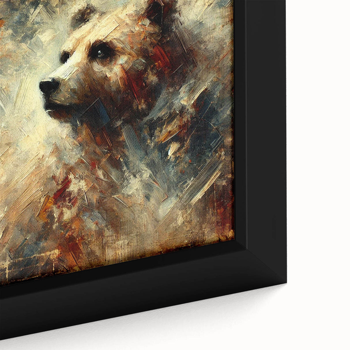 Abstract oil painting of a bear with vibrant colors and expressive brush strokes, framed for display, showcasing intricate details and textures. Perfect for art enthusiasts and nature lovers.