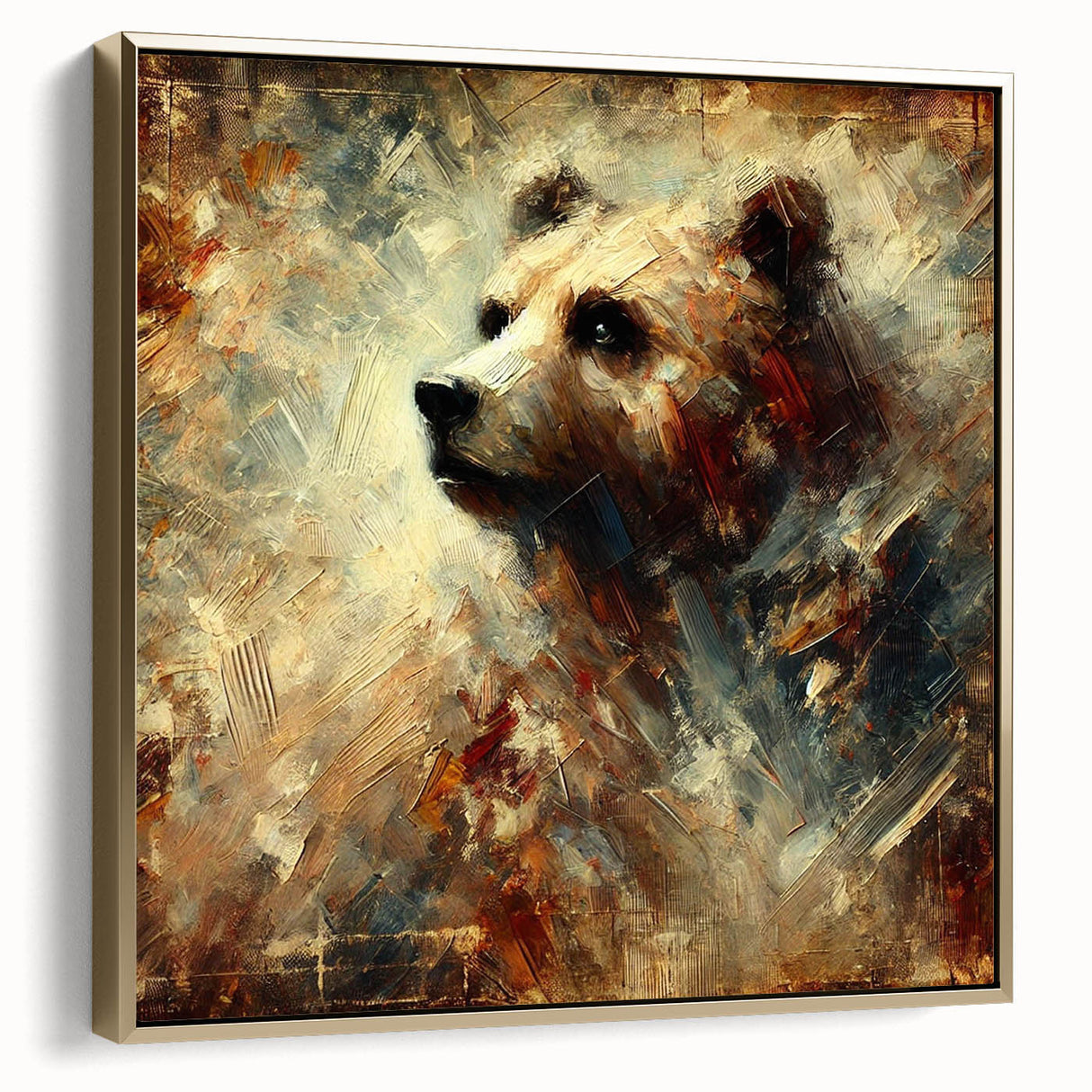 Abstract oil painting of a bear showcasing vibrant colors and expressive brushstrokes, framed in gold. Ideal for modern wildlife art enthusiasts.