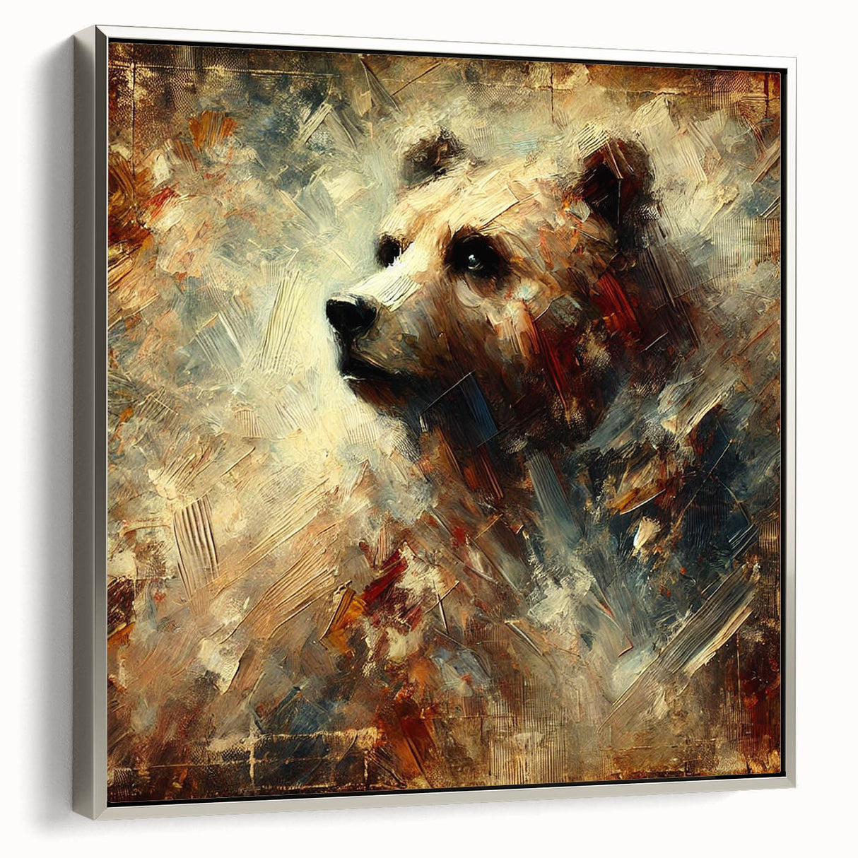 Abstract oil painting of a bear in vibrant colors, showcasing expressive brush strokes on a framed silver canvas, ideal for modern home decor.