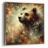 Abstract oil painting of a bear in vibrant colors, showcasing expressive brush strokes on a framed silver canvas, ideal for modern home decor.