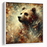 Abstract oil painting of a bear, showcasing rich colors and expressive brushstrokes on a framed canvas, presented in a white side view, ideal for modern decor.