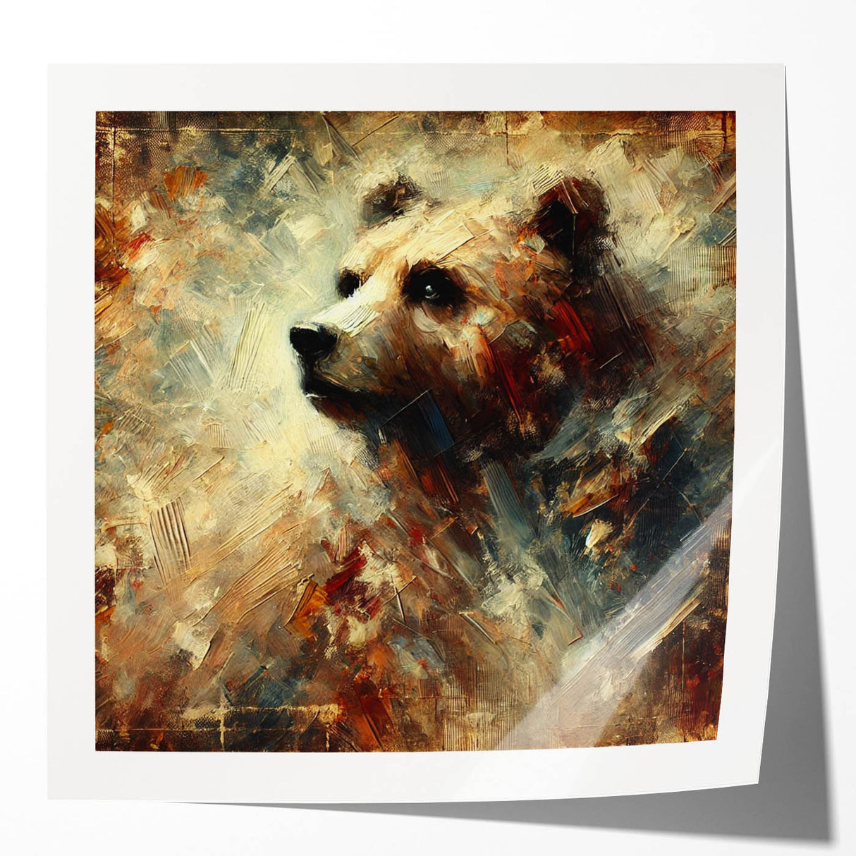 Abstract oil painting of a bear with vivid colors and expressive brush strokes, showcasing the animal's powerful presence and artistic interpretation, perfect for home decor.