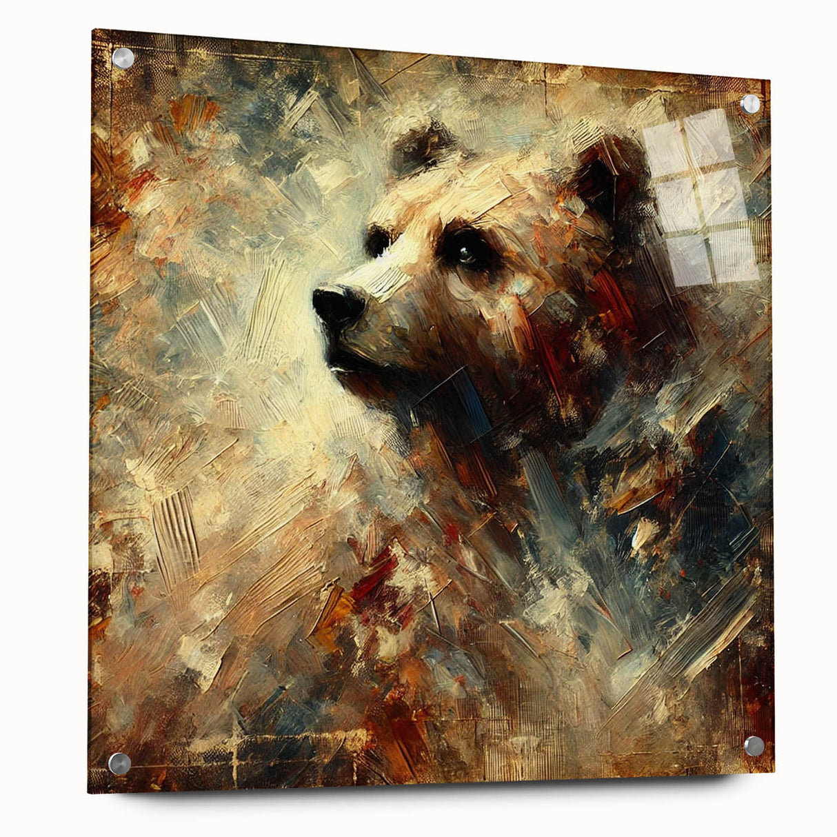 Abstract oil painting depicting a bear in vibrant colors with expressive brushstrokes, showcased in a side view. The artwork features an acrylic glass finish, emphasizing depth and detail, making it a striking addition to modern decor.