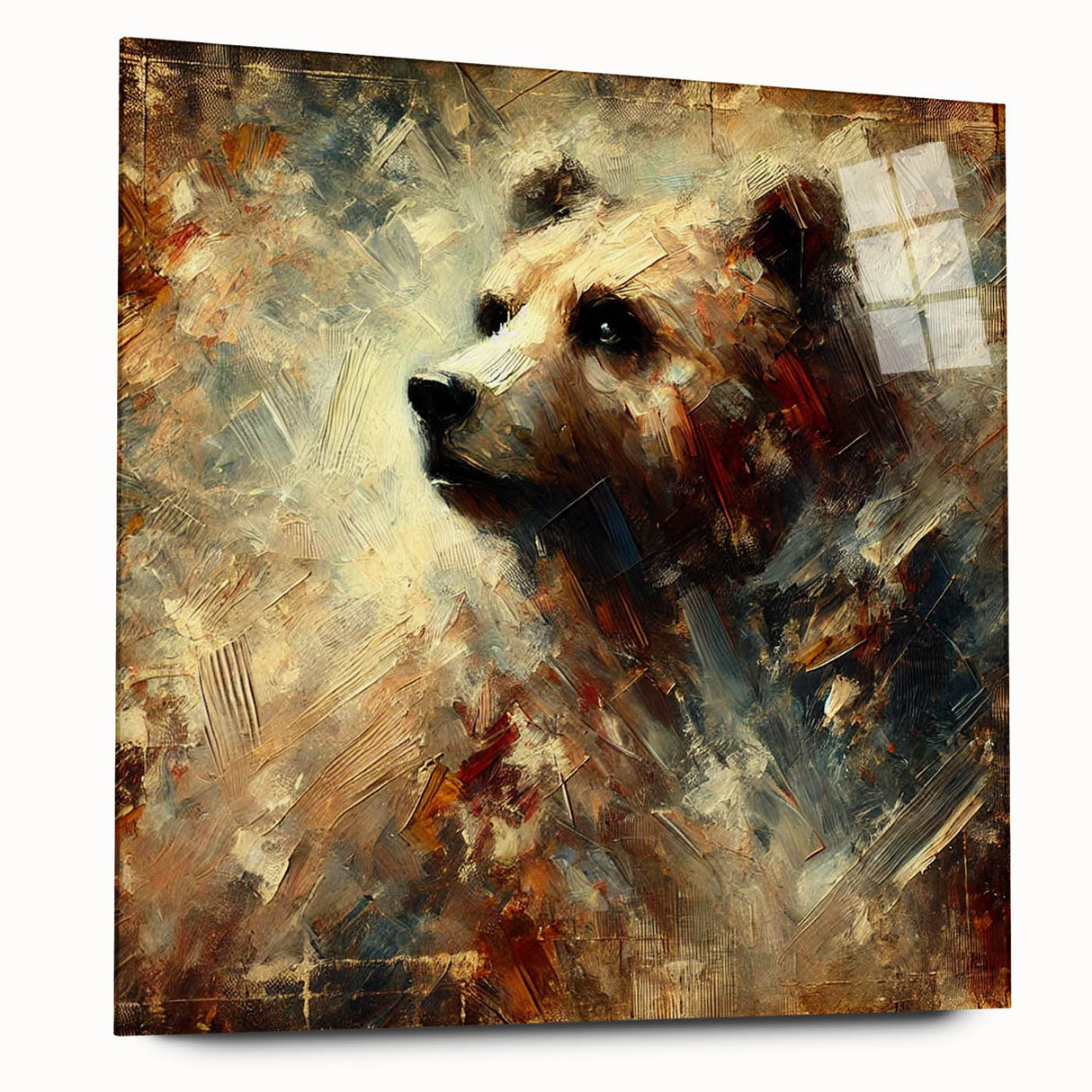 Abstract oil painting of a bear in vibrant colors, showcasing expressive brushstrokes and a side view against a textured background, perfect for modern decor.