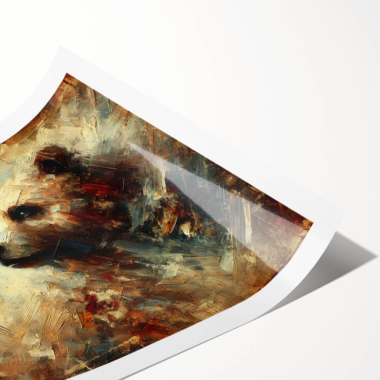 Abstract oil painting of a bear, showcasing vibrant colors and expressive brush strokes, ideal for modern art enthusiasts, displayed on a rolled canvas print.