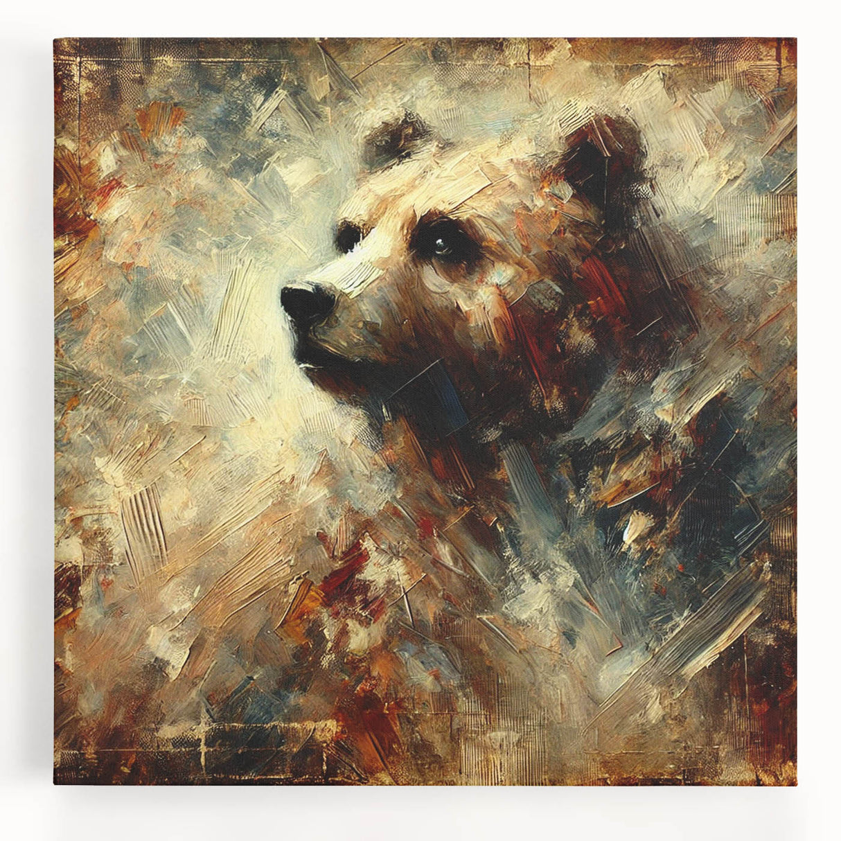 Abstract oil painting of a bear on stretched canvas, showcasing vibrant colors and expressive brushstrokes, perfect for modern home decor.