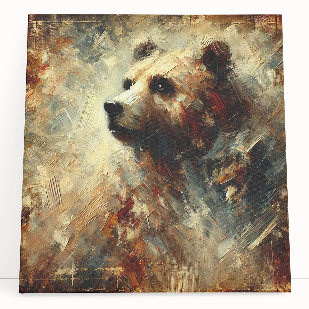 Abstract oil painting of a bear with bold colors and expressive brush strokes, displayed on stretched canvas, adding a contemporary touch to any decor.