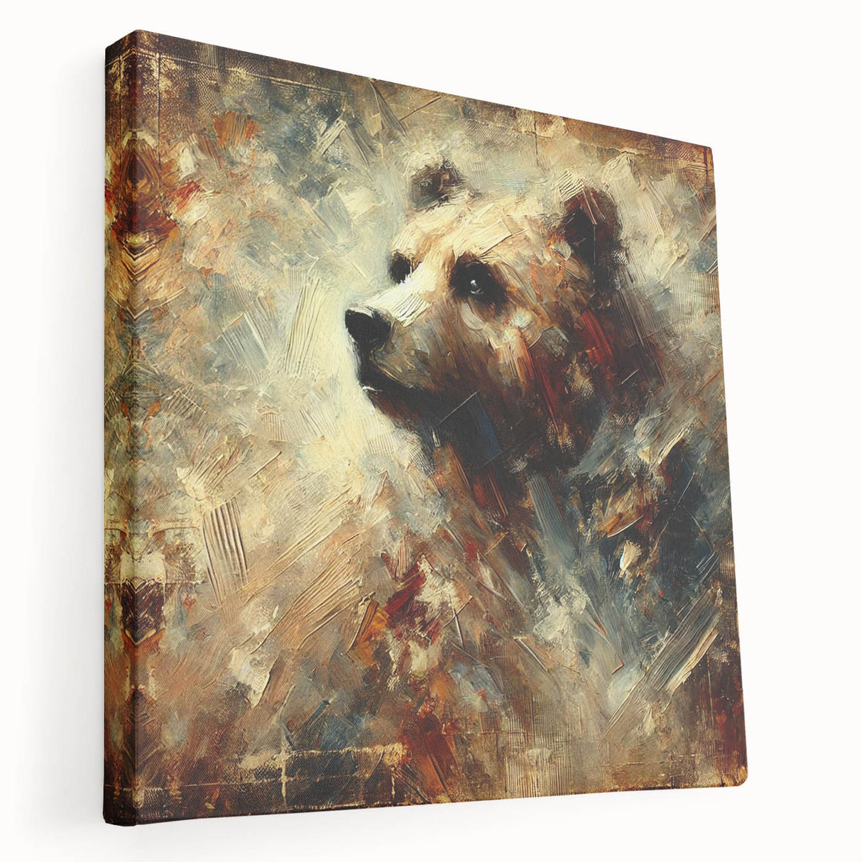 Abstract oil painting depicting a vibrant bear with expressive brushstrokes on a stretched canvas, showcasing rich colors and dynamic textures. Ideal for modern art enthusiasts.