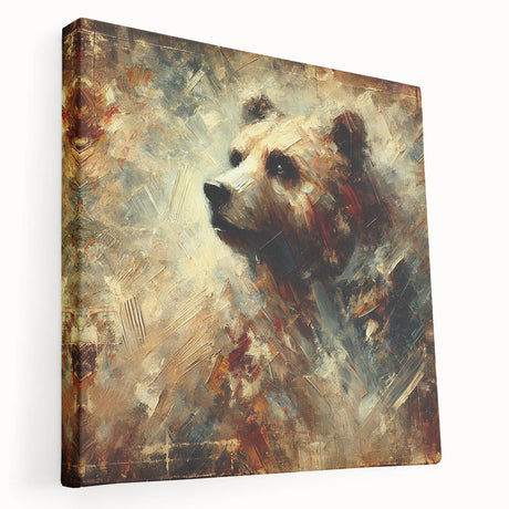 Abstract oil painting depicting a vibrant bear with expressive brushstrokes on a stretched canvas, showcasing rich colors and dynamic textures. Ideal for modern art enthusiasts.