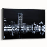 Black and white vintage poster art featuring a cityscape, printed on canvas, suitable for bedroom wall decor.