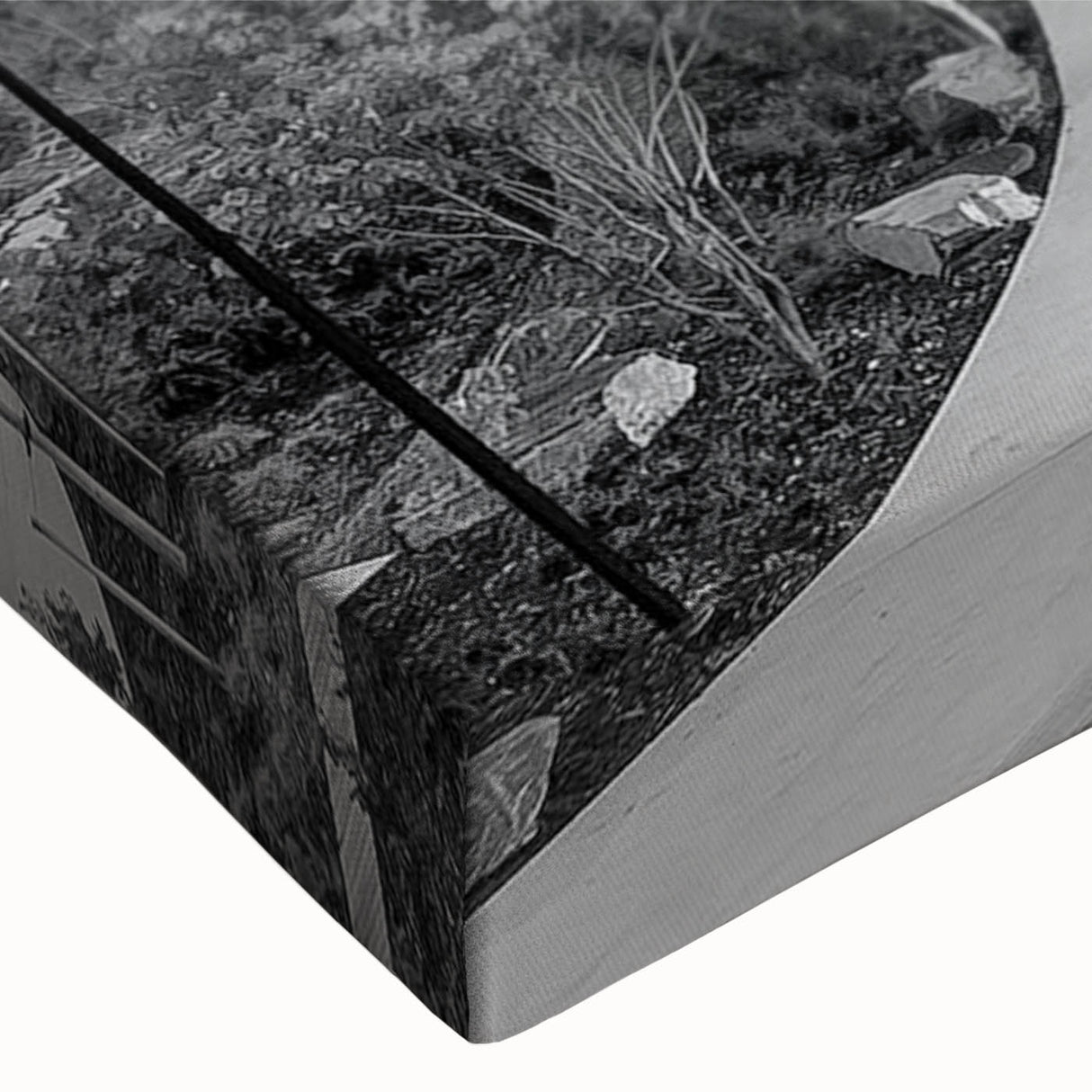 Large art featuring a black and white landscape painting of a city skyline, ideal for bedroom wall decor.