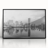 Large abstract wall art featuring mid-century modernist swirls in muted gray and blue, acrylic print.