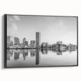 Black and white vintage poster art of a city landscape, ideal for bedroom wall decor.