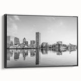 Black and white vintage poster art of a city landscape, ideal for bedroom wall decor.