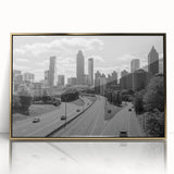 Large art print of a mid-century modernist cityscape in cool gray tones on canvas, ideal for modern art wall decor.