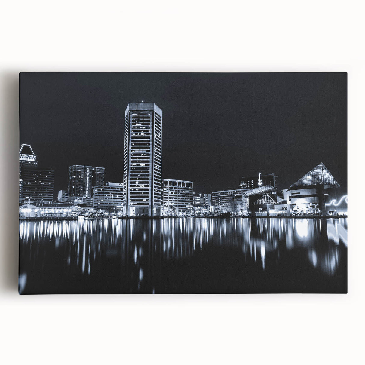 Large black and white acrylic print of city skyline, suitable for kitchen wall art.