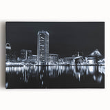Large black and white acrylic print of city skyline, suitable for kitchen wall art.