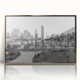 Mid-century modernist cityscape in muted gray and blue tones on a large canvas print, suitable for modern art wall decor.