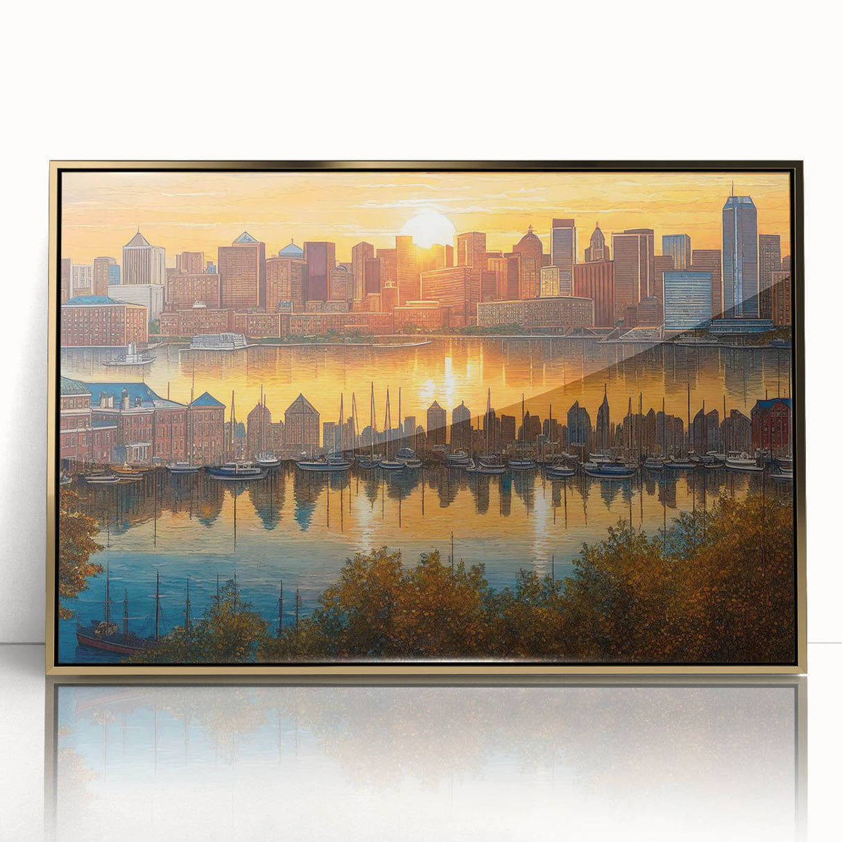 Large art print of a mid-century modernist cityscape in muted gray and blue tones, ideal for modern nursery wall decor.
