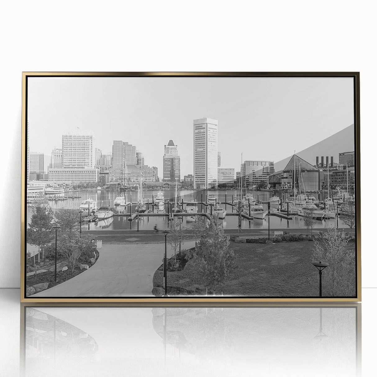 Mid-century modernist cityscape in muted gray and blue tones, printed on large canvas, suitable for modern art wall decor.