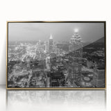 Large art print featuring a mid-century modernist cityscape in muted gray and blue tones, ideal for nursery wall art.