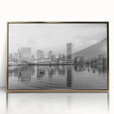 Large art print of a mid-century modernist cityscape in muted gray and blue tones, ideal for modern art wall decor.