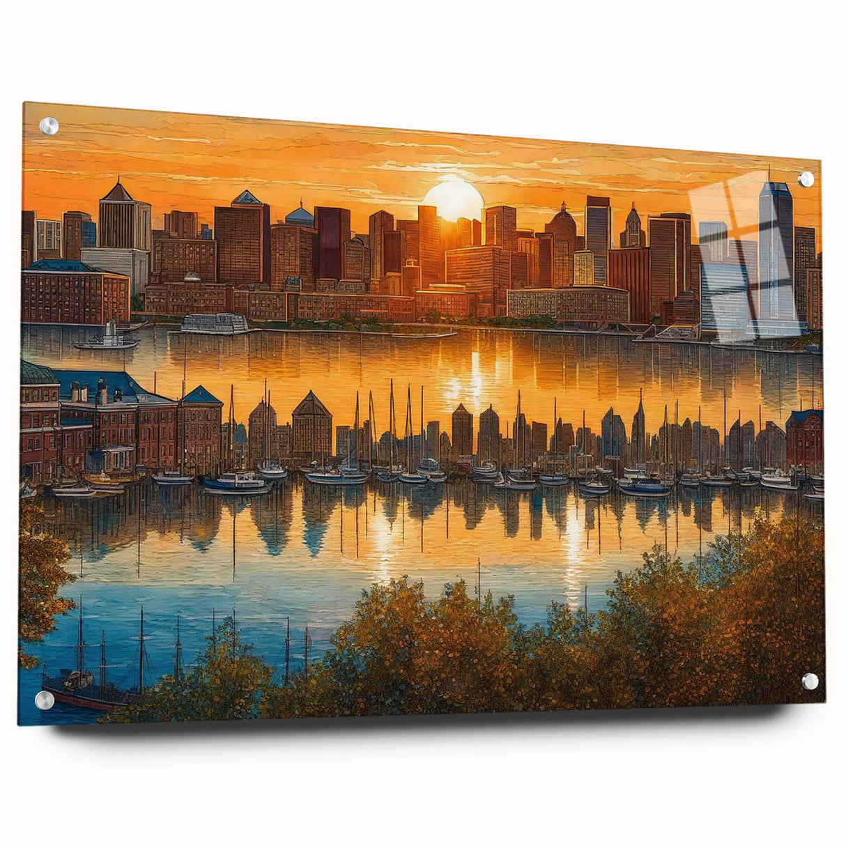 Large abstract wall art depicting a cityscape in muted gray and blue tones, printed on canvas.