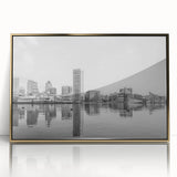 Large art print of a mid-century modernist cityscape in muted gray and blue tones on canvas, ideal for modern art wall decor.