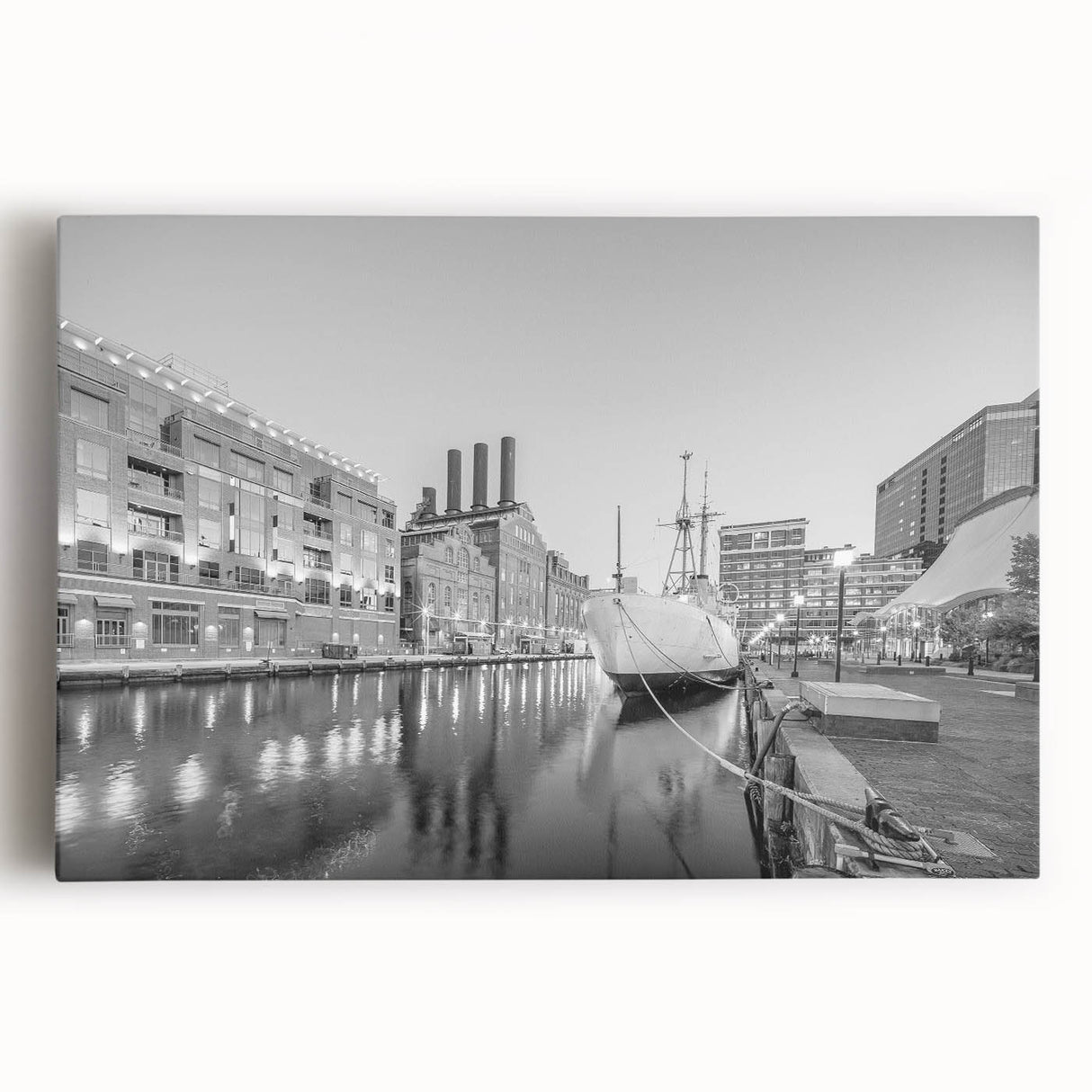 Large black and white cityscape print on canvas, featuring detailed building silhouettes, ideal for kitchen wall art.