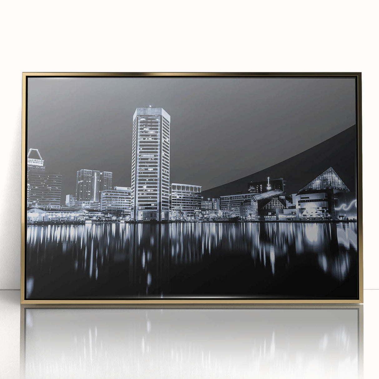 Large art print of a mid-century modernist cityscape in muted gray and blue tones on canvas.