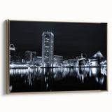 Vintage poster art of a cityscape in black and grey tones on canvas, suitable for bedroom wall decor.