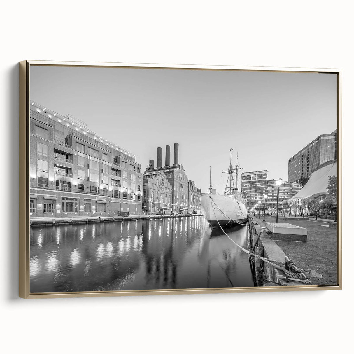 Vintage poster art of a cityscape in black and white tones on canvas, suitable for bedroom wall decor.