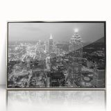 Mid-century modernist art depicting an abstract cityscape in muted gray and blue tones on canvas.