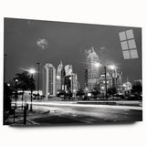 Large abstract wall art print in muted gray and blue tones on canvas, ideal for bedroom or dining room decor.