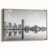 Vintage poster art depicting a black and white city landscape, printed on framed canvas, suitable for bedroom decor.