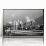 Mid-century modernist art deco poster featuring an abstract cityscape in muted gray and blue tones on canvas.