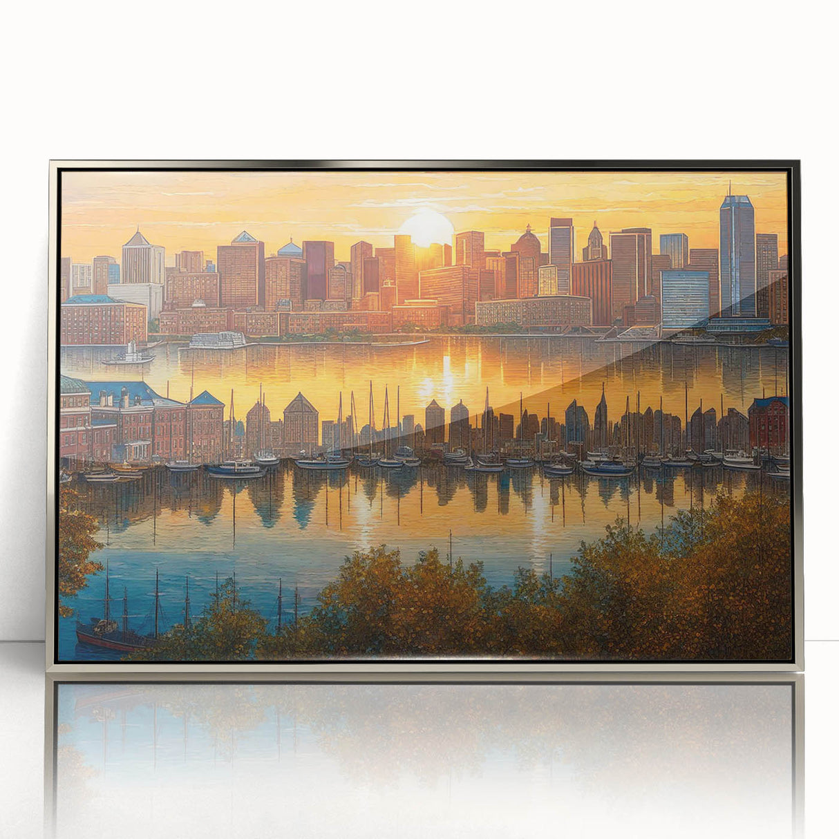 Mid-century modernist art depicting a stylized cityscape in muted gray and blue tones on a framed poster.