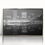 Mid-century modernist art deco poster of abstract cityscape in muted gray and blue tones on canvas.