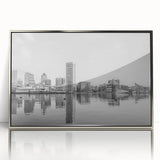 Mid-century modernist art deco poster featuring an abstract cityscape in muted gray and blue tones.