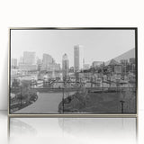Mid-century modernist art poster featuring a stylized cityscape in muted tones on framed canvas.