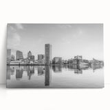 Black and white large art print of a city skyline on canvas, ideal for kitchen wall art or bedroom ambiance.