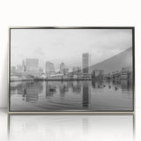 Mid-century modernist art poster featuring a stylized cityscape in pastel shades, ideal for nursery wall art.