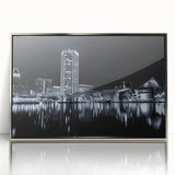Mid-century modernist cityscape in muted gray and blue tones on a framed poster, suitable for nursery wall art.